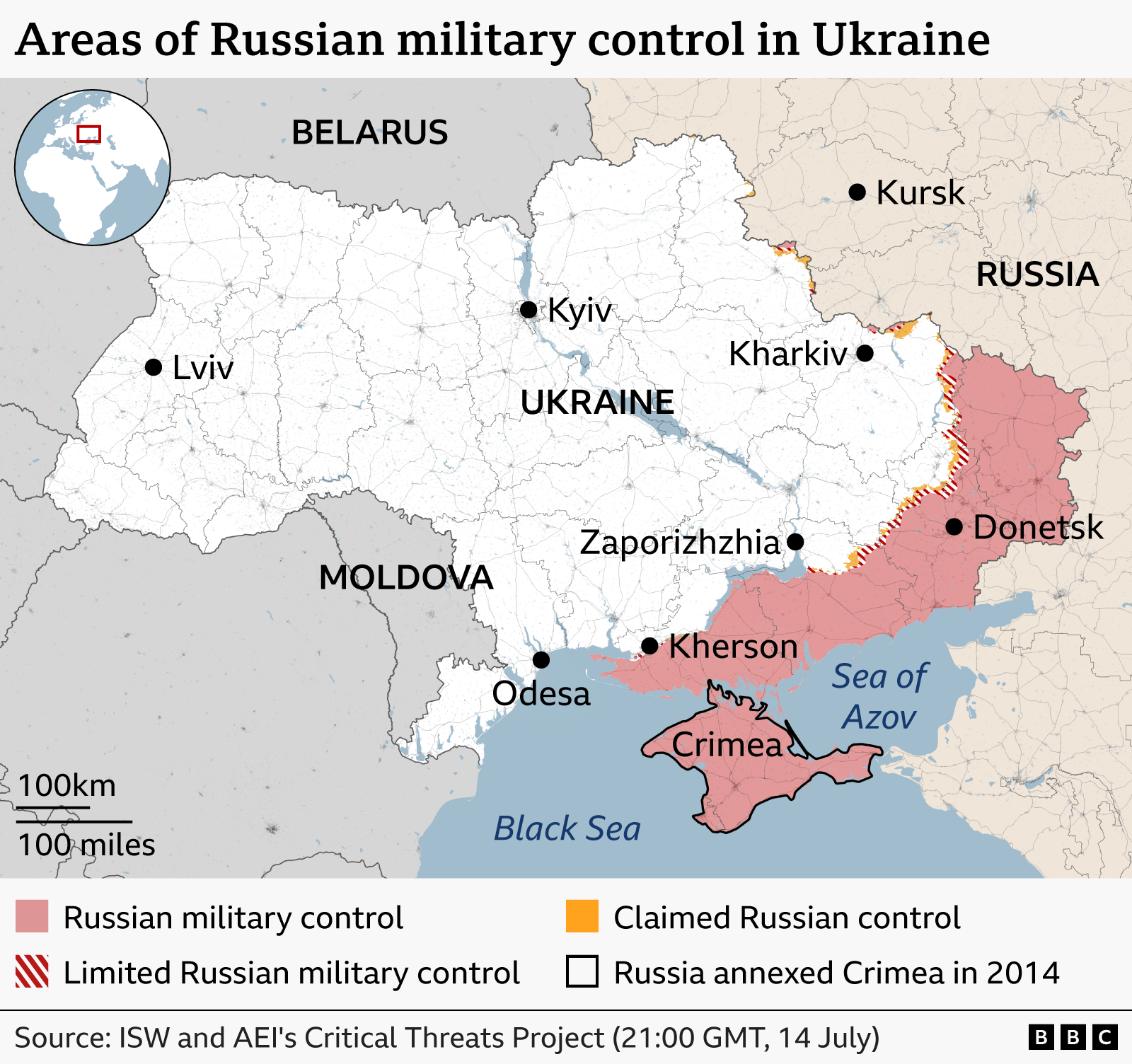 Map of Ukraine showing areas under Russian military control as of 14 July. Russian-controlled territory (shaded pink) includes Crimea, most of the occupied areas of Donetsk, parts of Zaporizhzhia and Kherson regions, and a land corridor linking Russia to Crimea along the Sea of Azov coast. Striped, red-and-white areas indicate limited Russian control along sections of the front line, while small orange areas mark claimed Russian control near the northeastern border. Major cities including Kyiv, Kharkiv, Odesa, Kherson, Zaporizhzhia, Donetsk, and Lviv are labelled, along with neighbouring countries Belarus, Russia, and Moldova. Source: ISW and AEI’s Critical Threats Project, 14 July.
