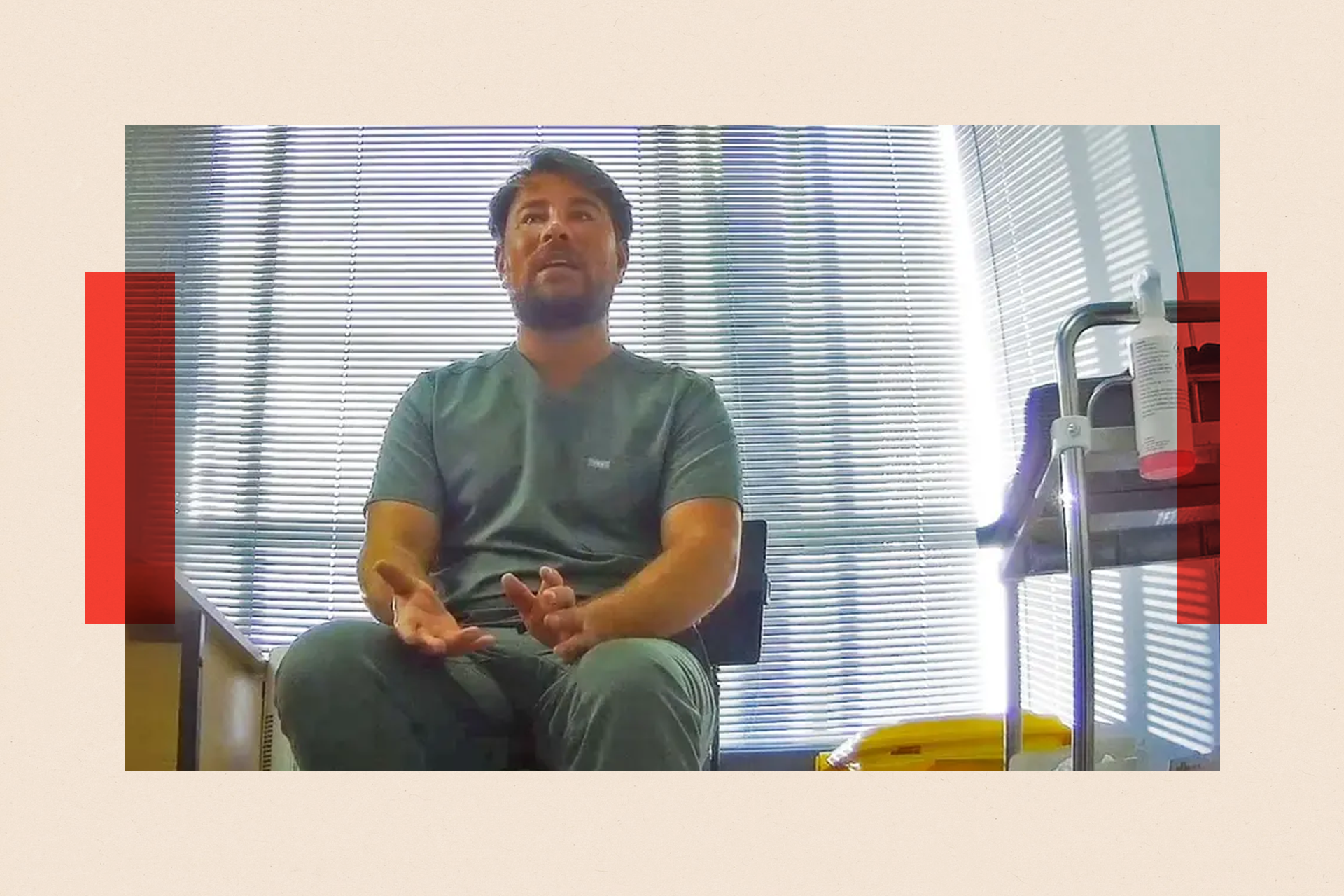 Ricky Sawyer, filmed undercover in his small pop-up clinic at a London office, sits next to a metal trolley wearing green uniform. He is a man in his 20s with straight brown hair, a moustache and beard.