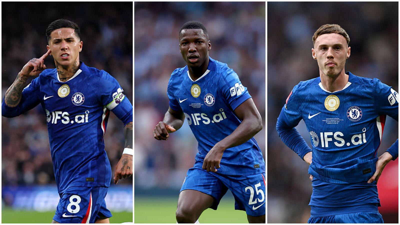 Enzo Fernandez, Moises Caicedo and Cole Palmer playing for Chelsea