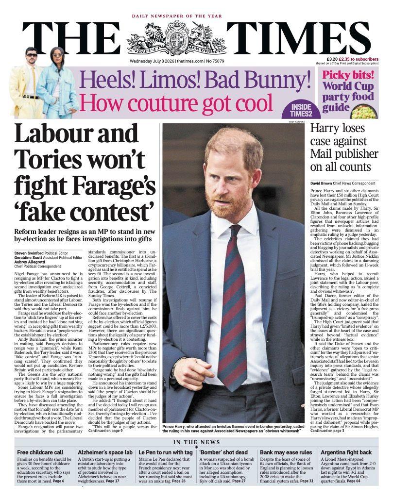 The headline on the front page of the Times reads: 'Labour and Tories won't fight Farage's "fake contest".'