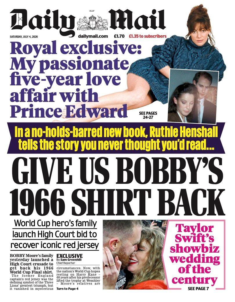 The headline on the front page of the Daily Mail reads: “Give us Bobby's 1966 shirt back”.