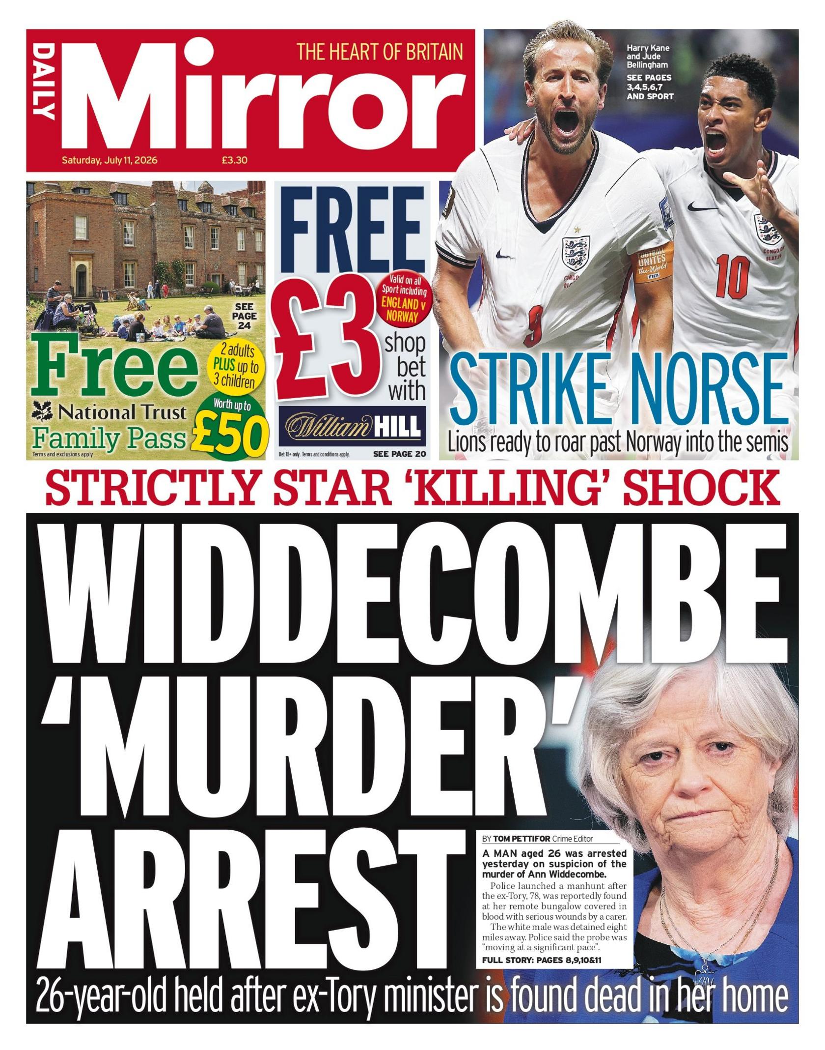 "Widdecombe 'murder' arrest," reads the headline on the front page of the Daily Mirror.