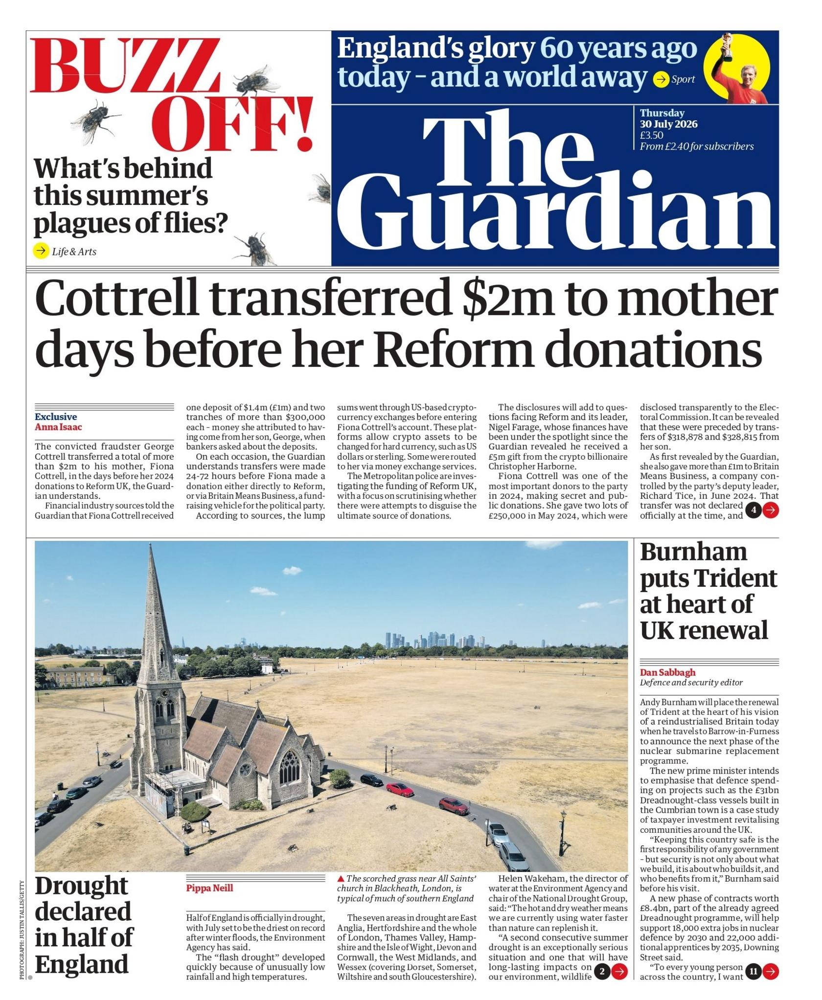 "Cottrell transferred $2m to mother days before her Reform donations," reads the headline on the front page of the Guardian.