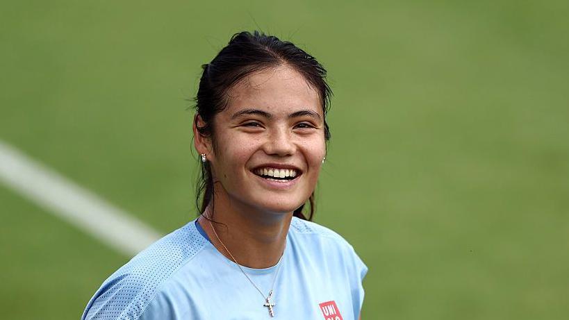 JUNE 28: Emma Raducanu of Great Britain reacts during a training session before The Championships Wimbledon 2026 at All England Lawn Tennis and Croquet Club on June 28, 2026 in London, England.