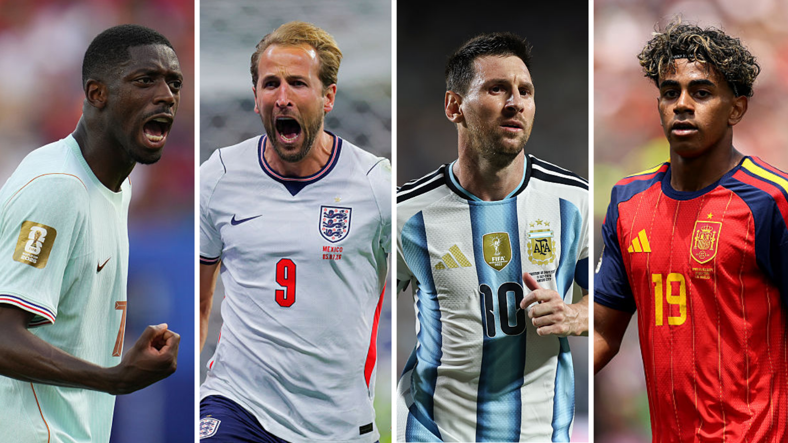Images of Ousmane Dembele (left), Harry Kane (centre left), Lionel Messi (centre right) and Lamine Yamal (right)