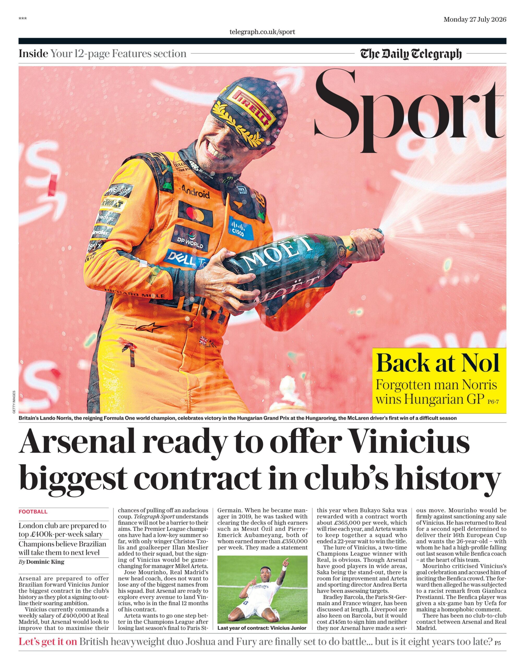 Lead sport page of the Daily Telegraph on 27 July 2026