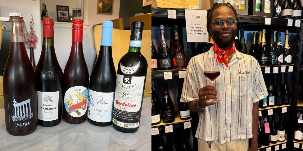Composite images - one shows five bottles of red wine lined up, the other shows a man stood in front of shelves of wine bottles, holding a glass of red wine.