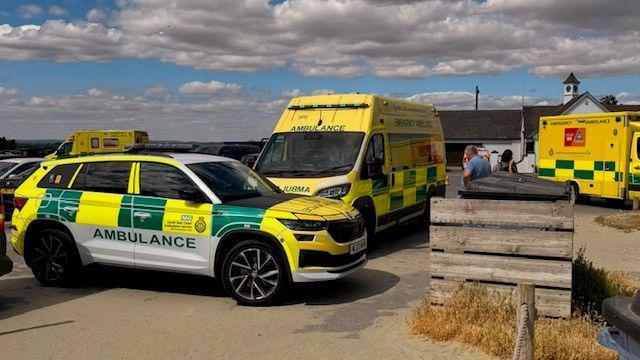 Emergency service vehicles parked on a seafront.