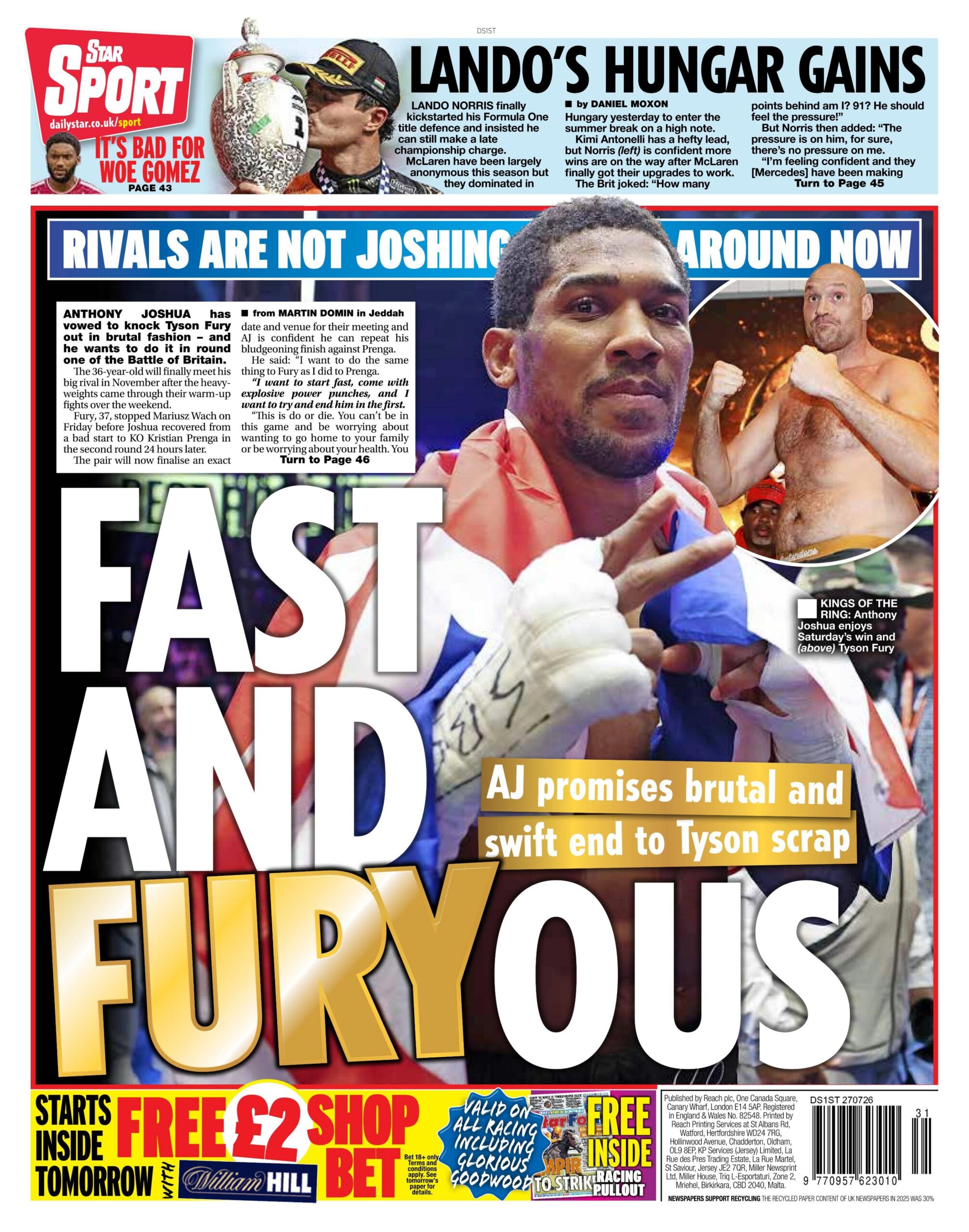 Back page of the Daily Star on 27 July 2026