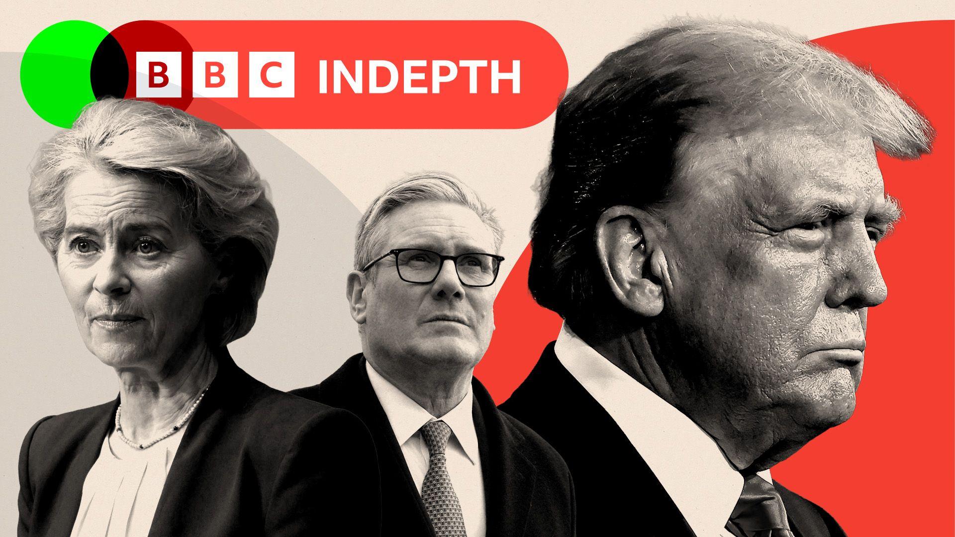 Black and white headshots of European Commission President Ursula von der Leyen,  US president Donald Trump and UK Prime Minister Keir Starmer