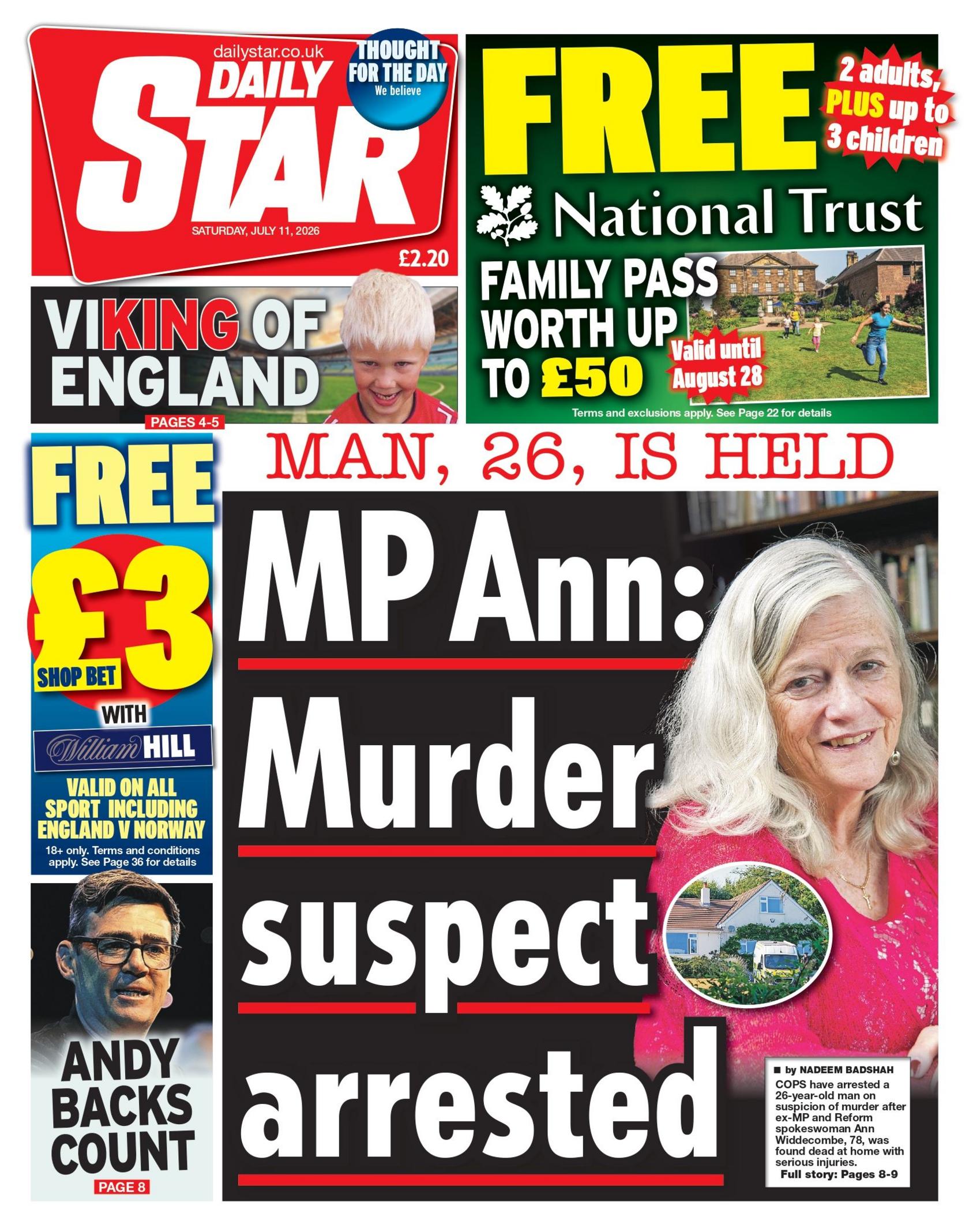 "MP Ann: Murder suspect arrested," reads the headline on the front page of the Daily Star.