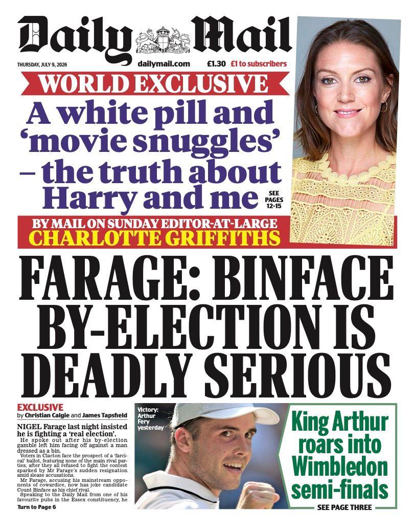 The headline for the front page of the Daily Mail reads: 'Farage: Binface by-election is deadly serious.'