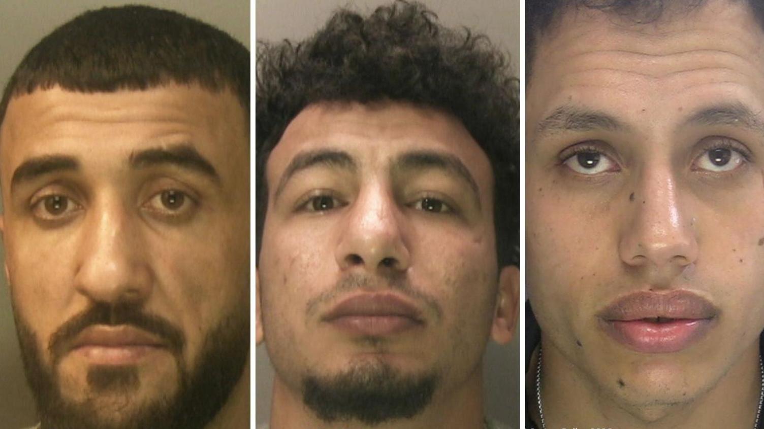 Three pictures of men's faces up close. They all have brown eyes.