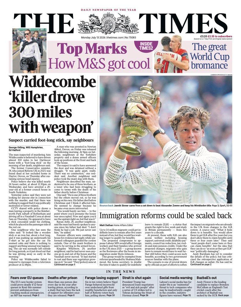 "Widdecombe 'killer drove 300 miles with weapon'," reads the headline on the front page of the Times.