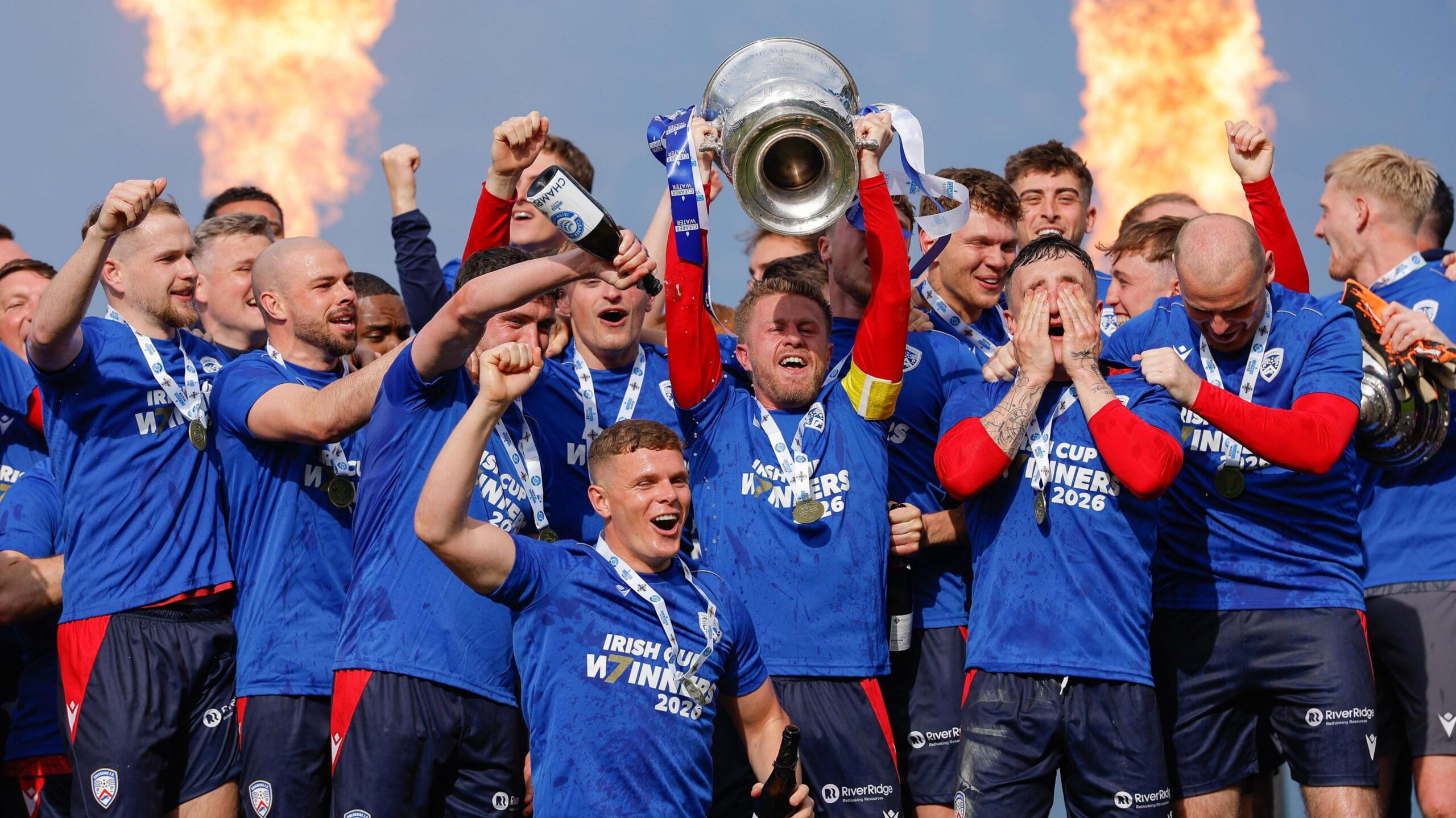 Lyndon Kane lifts the Irish Cup for Coleraine