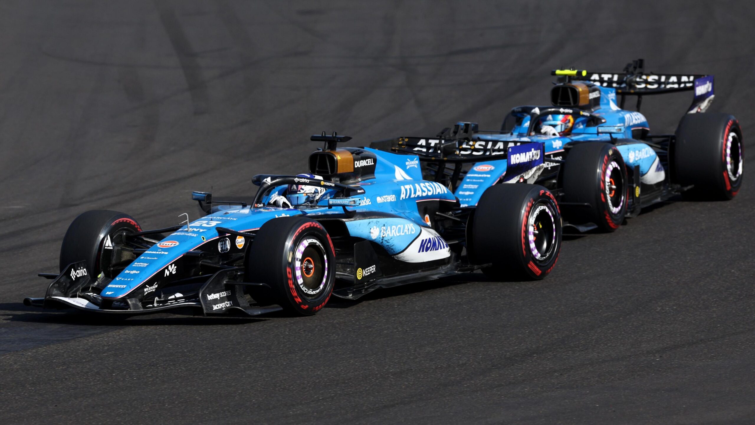 The Williams of Alex Albon with team-mate Carlos Sainz right behind him during the Hungarian Grand Prix