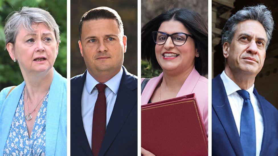 A composite image of four of the Labour MPs in the running to be the next UK chancellor. From left to right: Yvette Cooper wearing a blue jacket and blue blouse stood in front of green foliage; Wes Streeting wearing a navy blue suit, light blue shirt, and dark red tie; Shabana Mahmood smiling and wearing glasses, a pink jacket, black blouse, and holding a red folder; and Ed Miliband wearing a blue suit and blue tie with a white shirt.