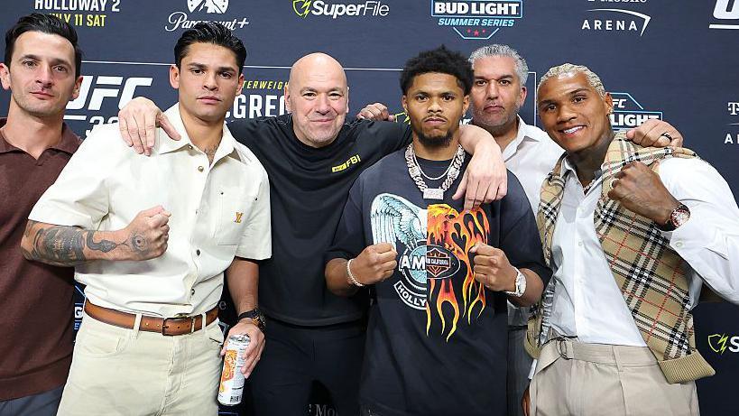Ryan Garcia (left), Dana White (centre left), Shakur Stevenson (centre right) and Conor Benn right pose for a photo