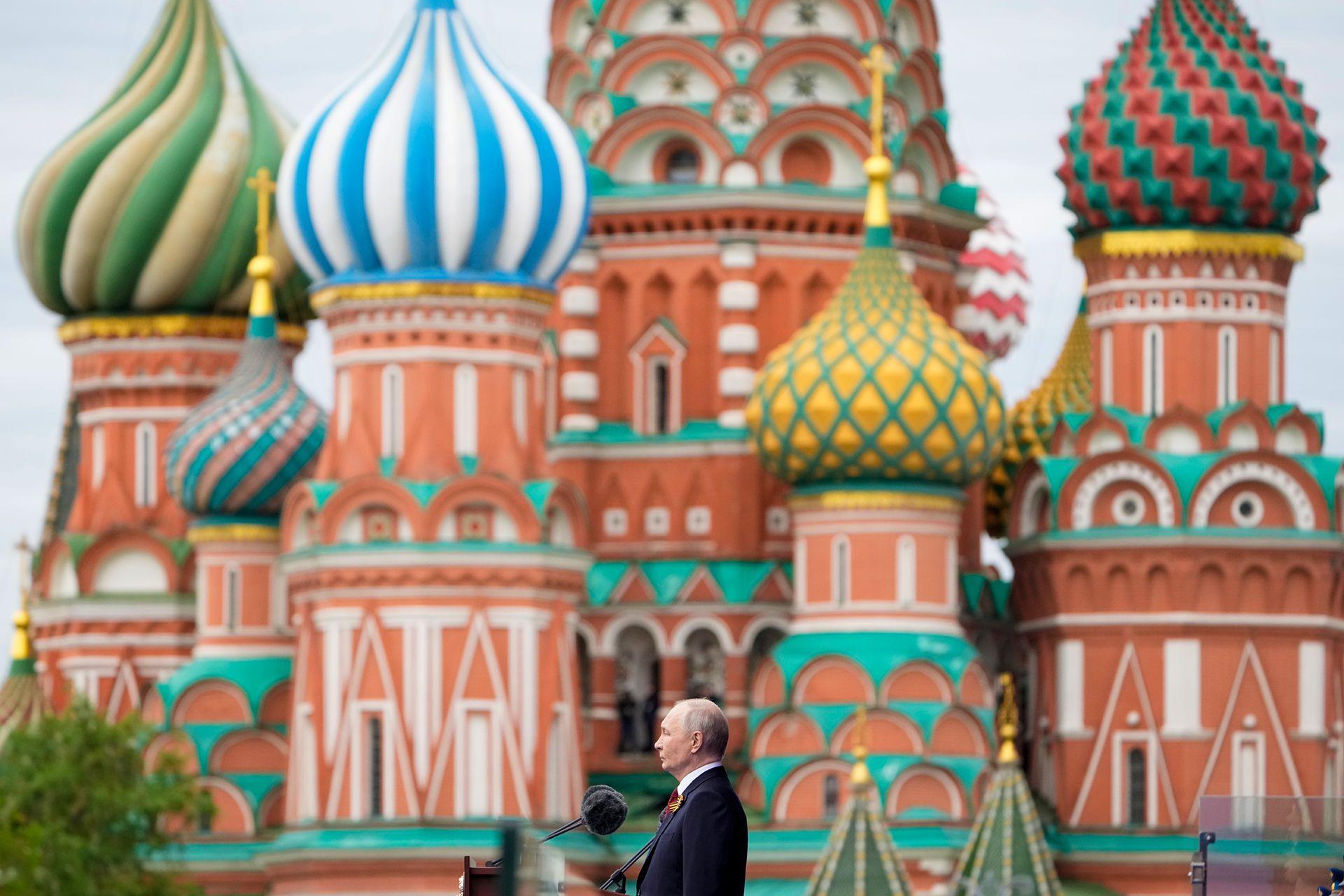 Russian President Vladimir Putin speaks during the Victory Day military parade in Moscow