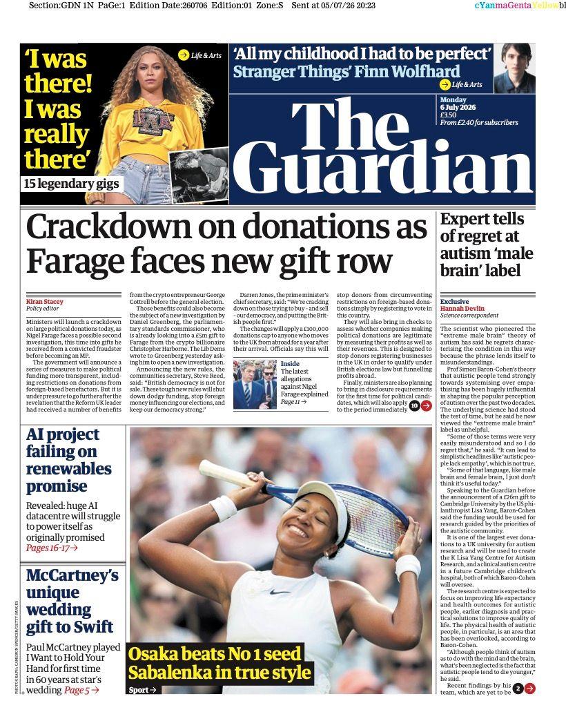 The headline on the front page of the Guardian reads: 'Crackdown on donations as Farage faces new gift row.'