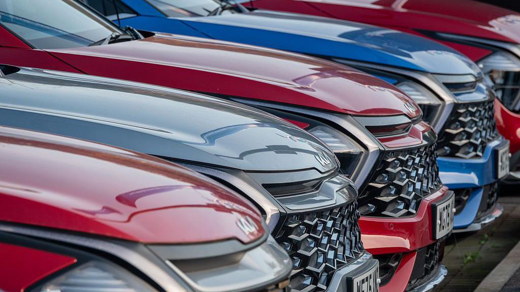 The bonnets of five large red, blue and grey Kia cars lined up next to each other. They all have prominent grills.