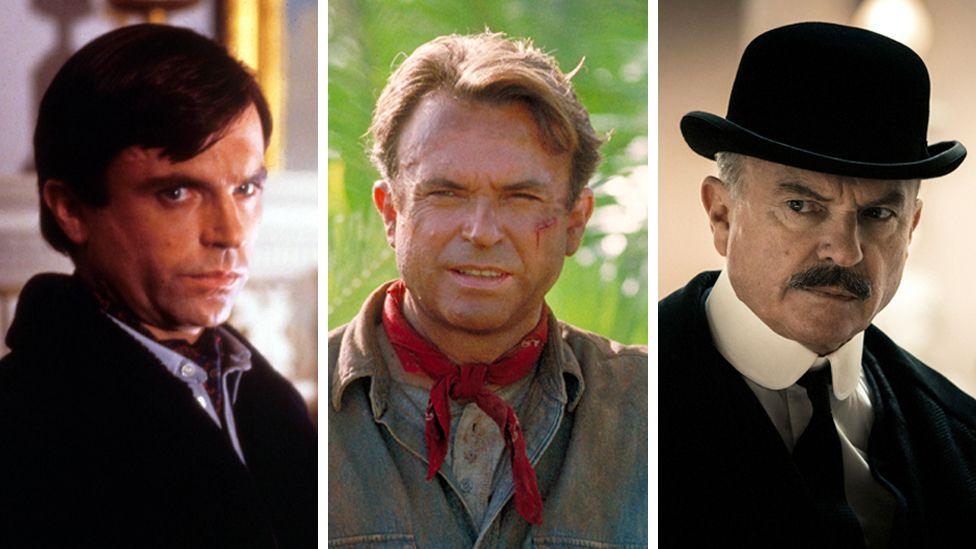 A three way composite image shows Neill in three of his well-known roles, on the left he looks to camera in a scene from The Omen III, in the middle he looks to camera against a jungle backdrop in Jurassic Park, and on the right he wears a bowler hat and suit in Peaky Blinders.