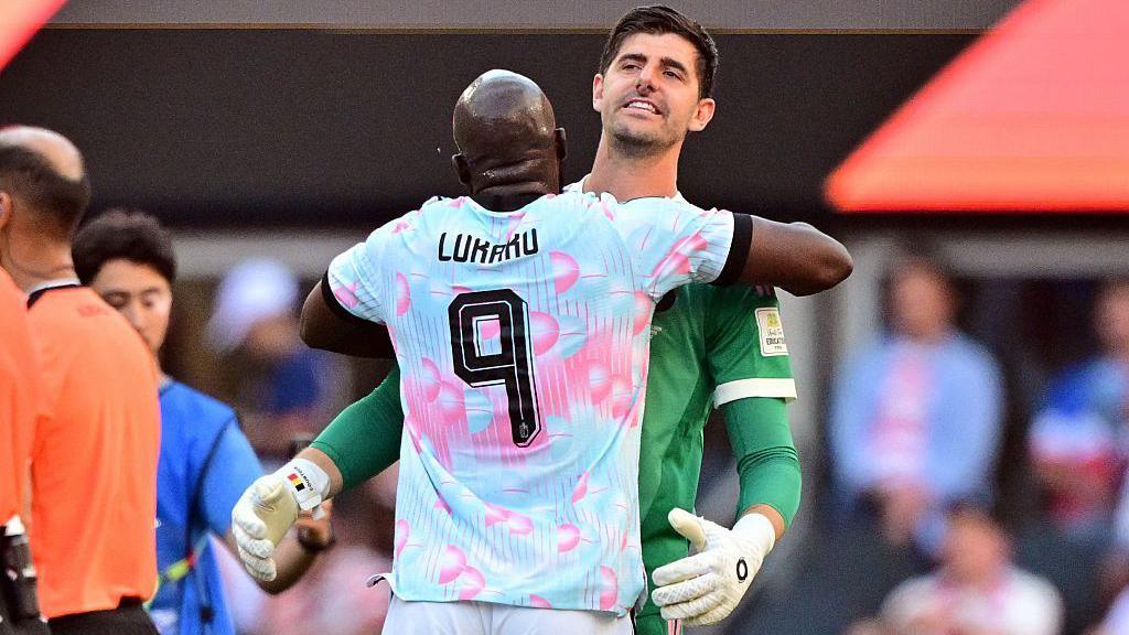 Romelu Lukaku hugs Thibaut Courtois after Belgium beat USA 4-1 in Seattle in the last 16 of the 2026 FIFA World Cup