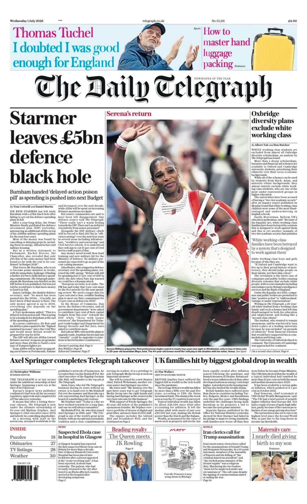 "Starmer puts Burnham in £5bn defence black hole" reads the headline on the front page of the Telegraph.
