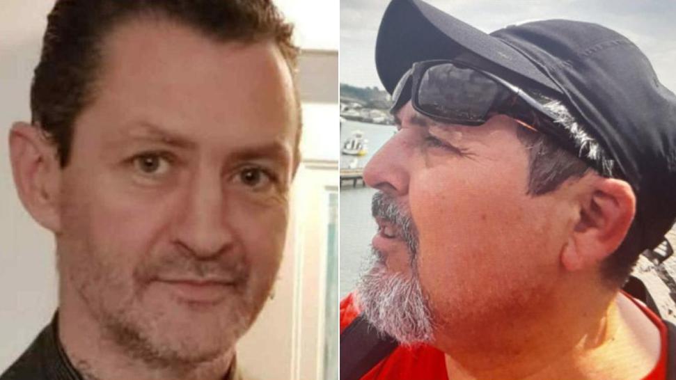 Daniel Coleman is seen in a headshot wearing a black shirt and looking into the camera on the left, while Claudio Aquilino is seen wearing a black cap sunglasses on his head and a red T-shirt, looking to the side, on the right