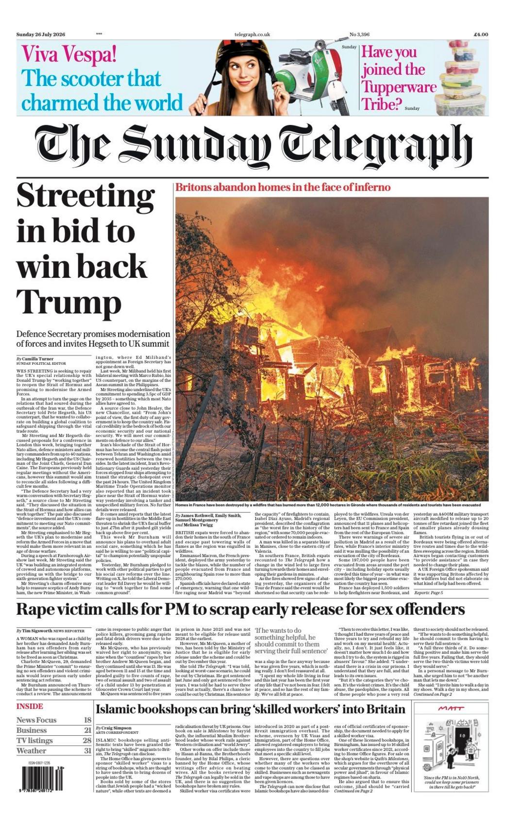 The headline on the front page of the Sunday Telegraph reads: "Streeting in bid to win back Trump."