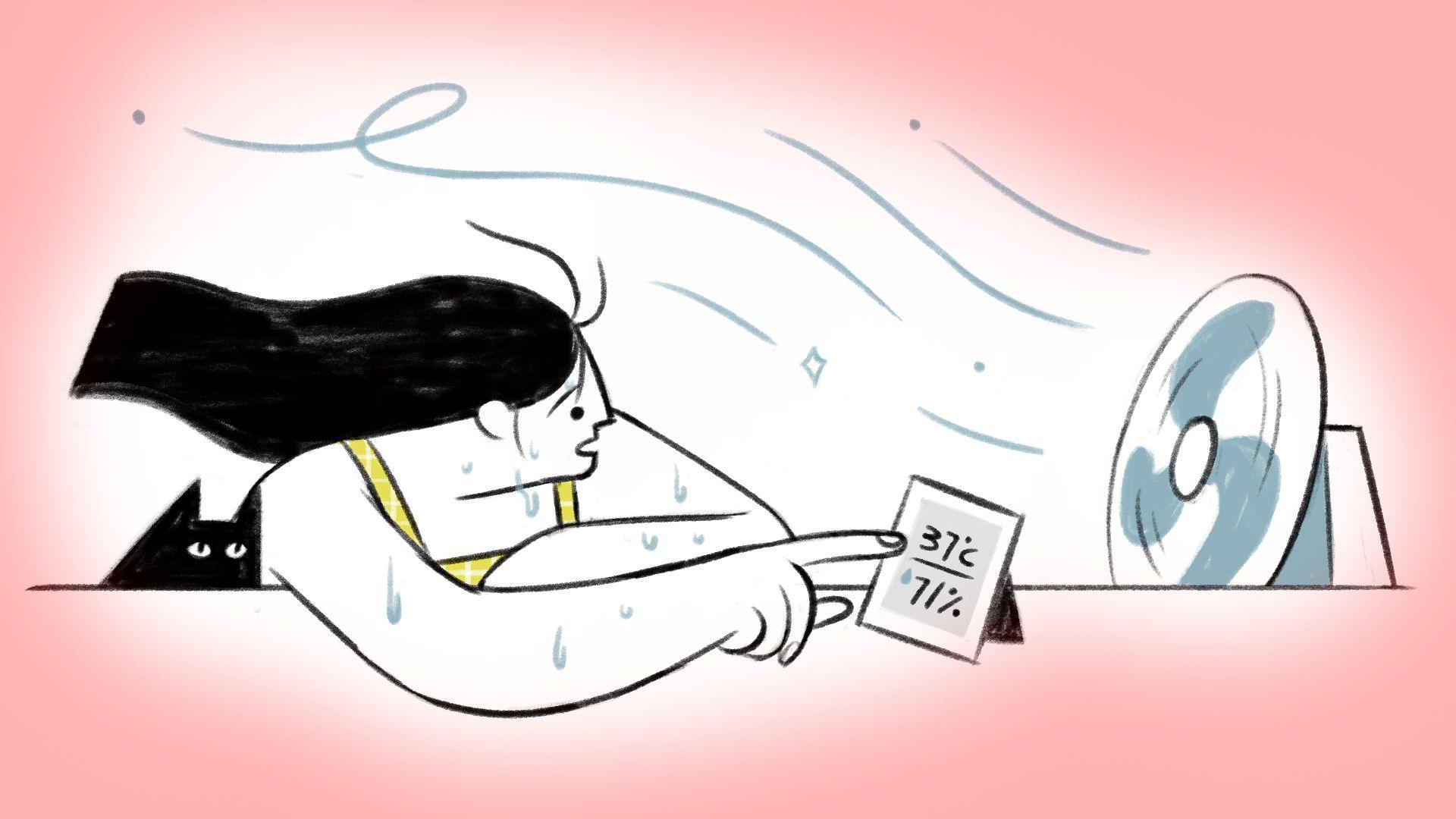 Illustrated scene of a woman sitting at a desk, pointing to an electric room temperature reader. On her left is a black cat and on her right is an electric desk fan with blue swirls of wind coming from it. The drawing uses a minimal black, yellow and pale blue colour palette on a light background. There is a faded red outline surrounding her and the fan
