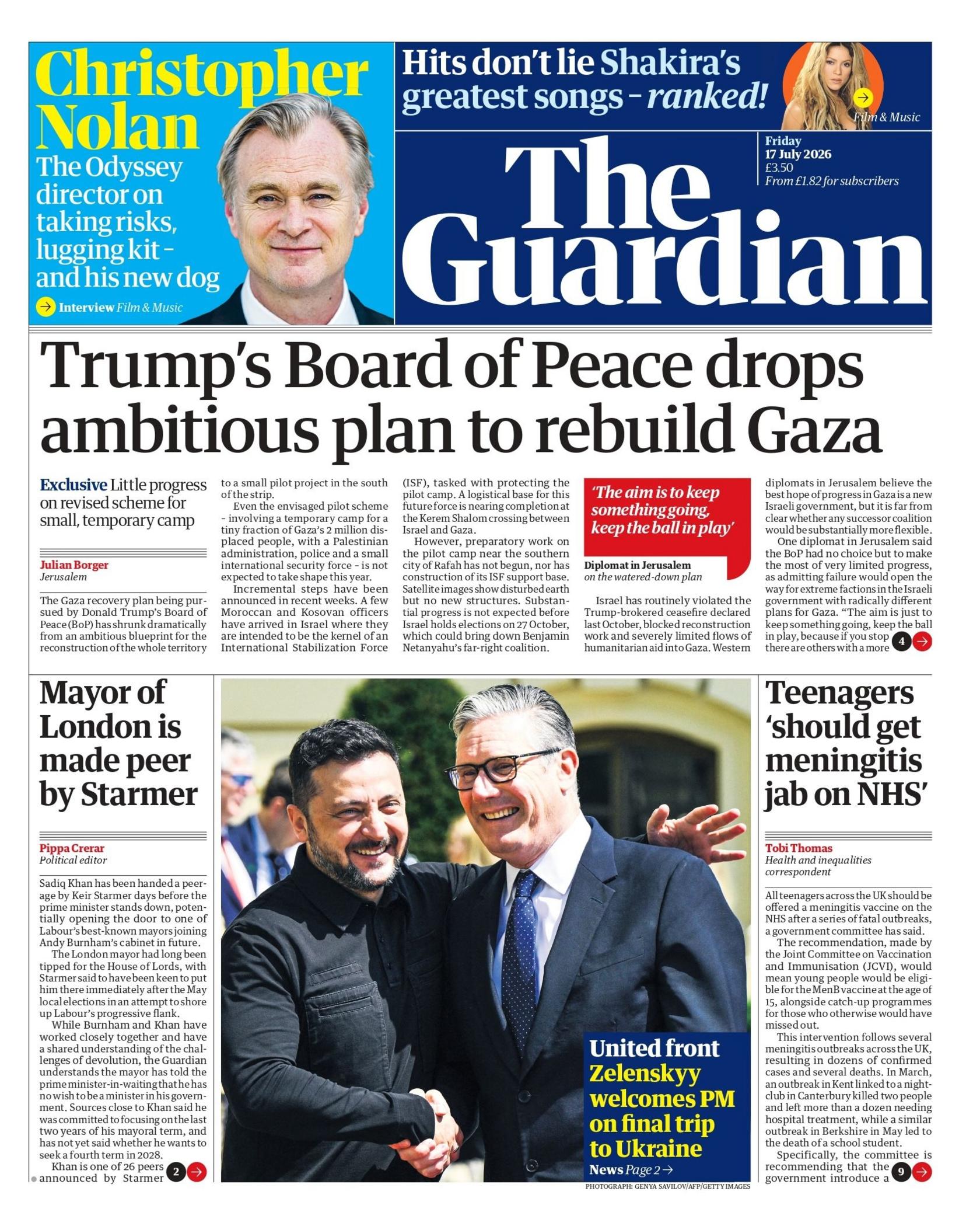"Trump's Board of Peace drops ambitious plan to rebuild Gaza," reads the headline on the front page of the Guardian.