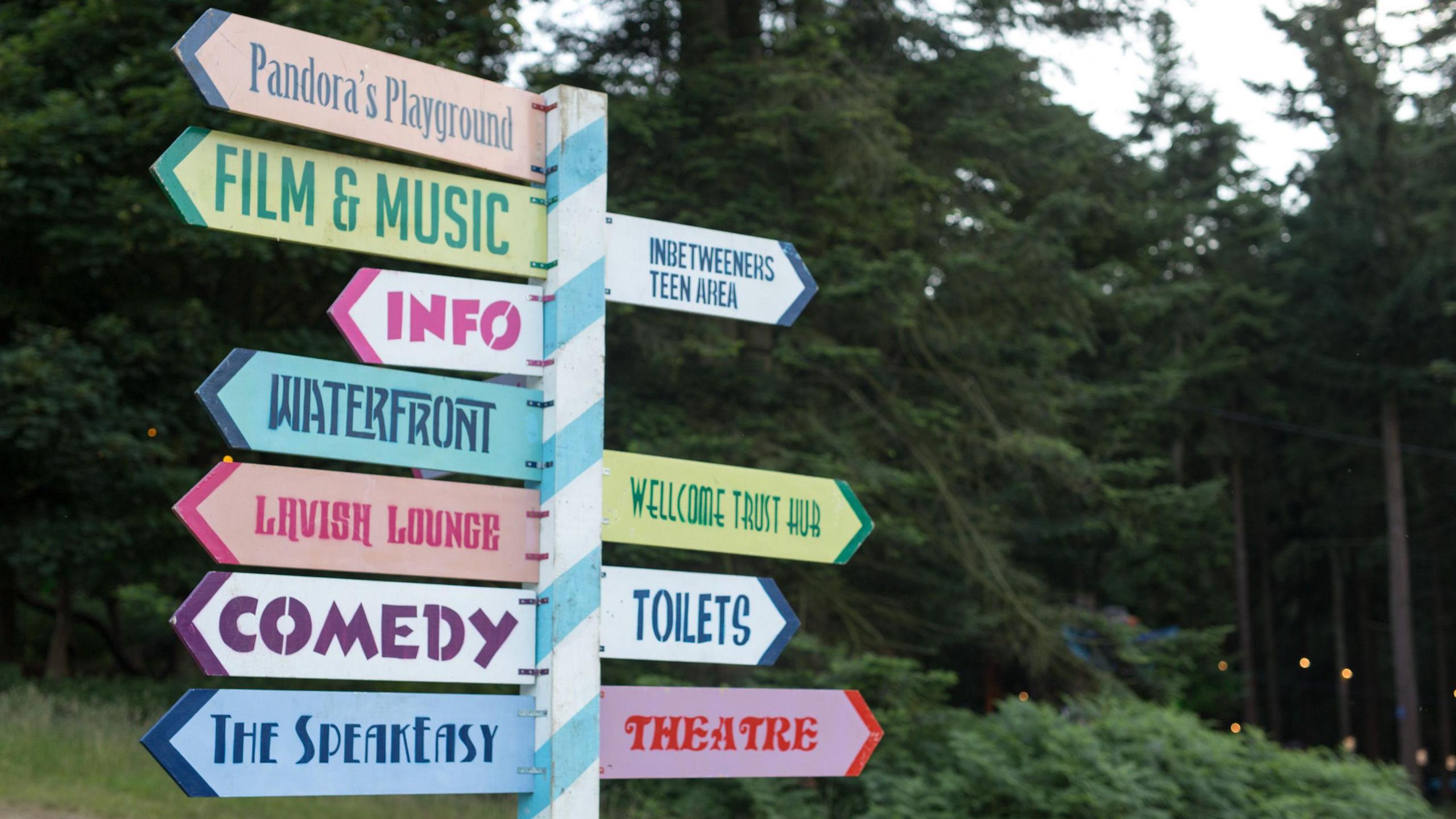 A colourful sign with words such as COMEDY and THEATRE written on it at Latitude Festival. Behind it are trees.
