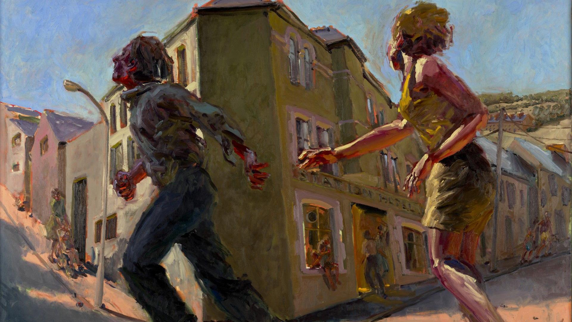 Kevin Sinnott's painting 'Running Away with the Hairdresser'. The painting portrays two figures running along a terraced street, a man followed by a woman. The man reaches his hand back towards the woman, who has her own arm outstretched to him.