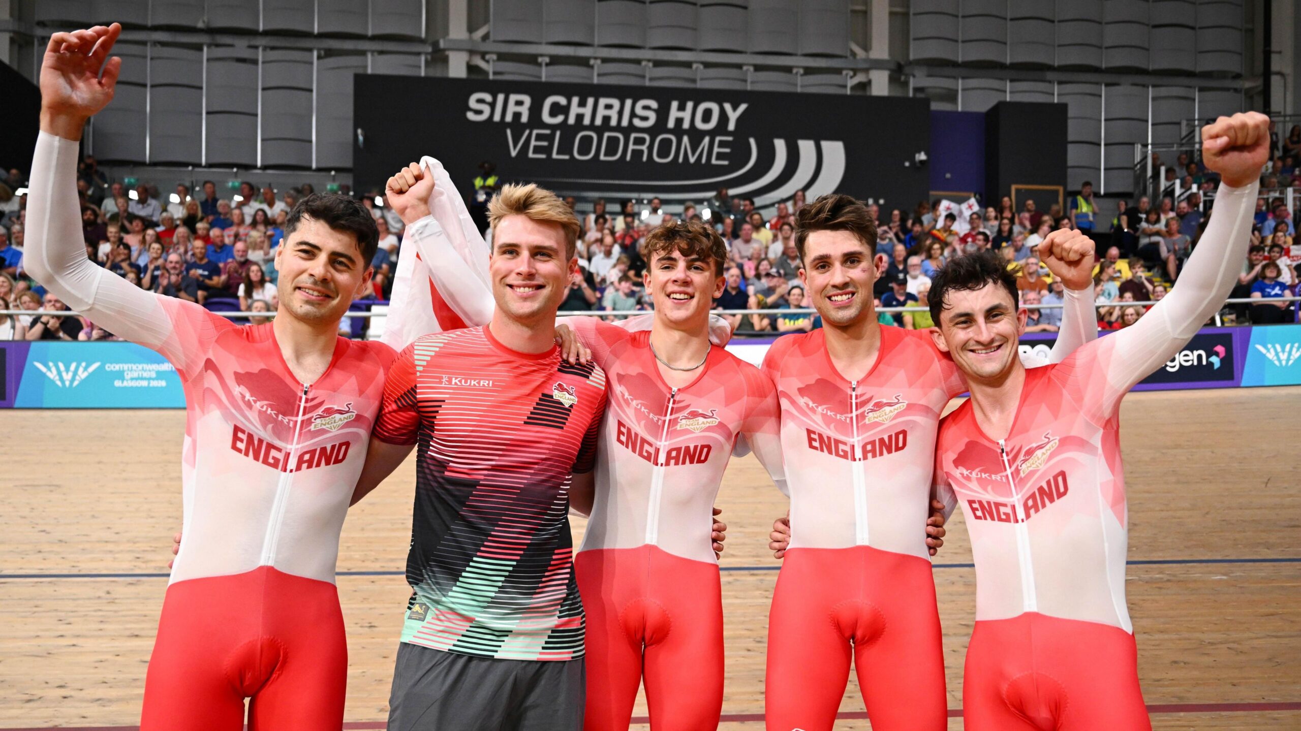 Charlie Tanfield, Josh Charlton, Henry Hobbs, Ethan Vernon and Will Tidball celebrate gold medal