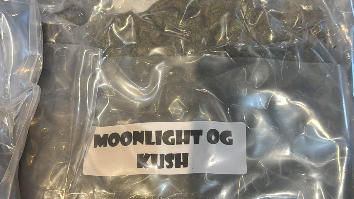 Vacuum-sealed pack of cannabis with label saying "Moonlight OG Kush" - a type of strain usually grown in California.