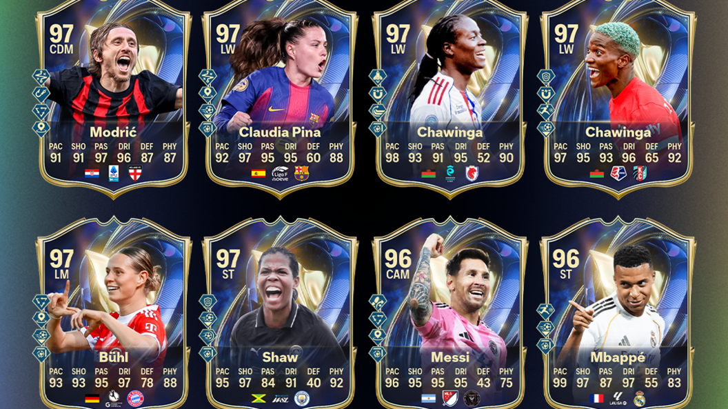 Two rows of four Ultimate Team cards featuring a selection of male and female superstar players including Lionel Messi, Kylian Mbappé, Claudia Pina and Bunny Shaw. Each player's photo is displayed on a shield above their name and six numbered statistics representing key attributes.