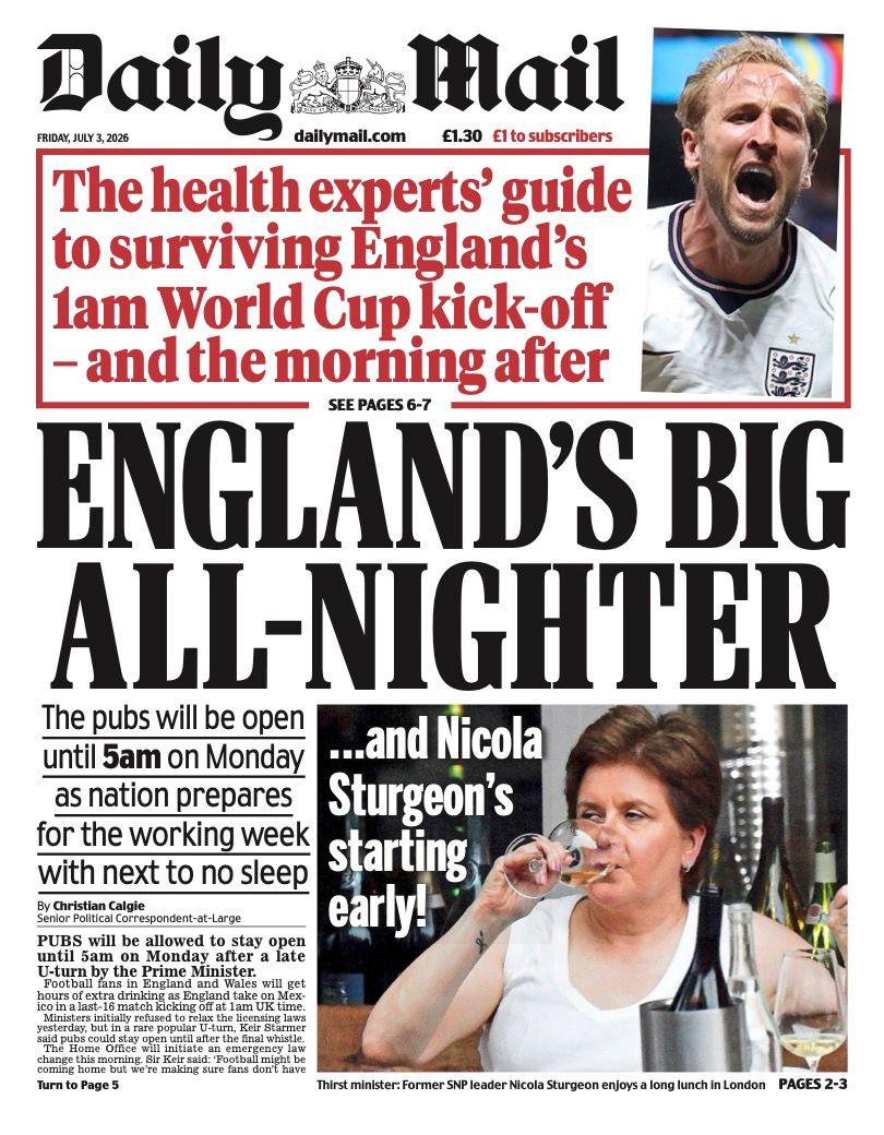 "England's big all-nighter" reads the headline on the front page of the Daily Mail.