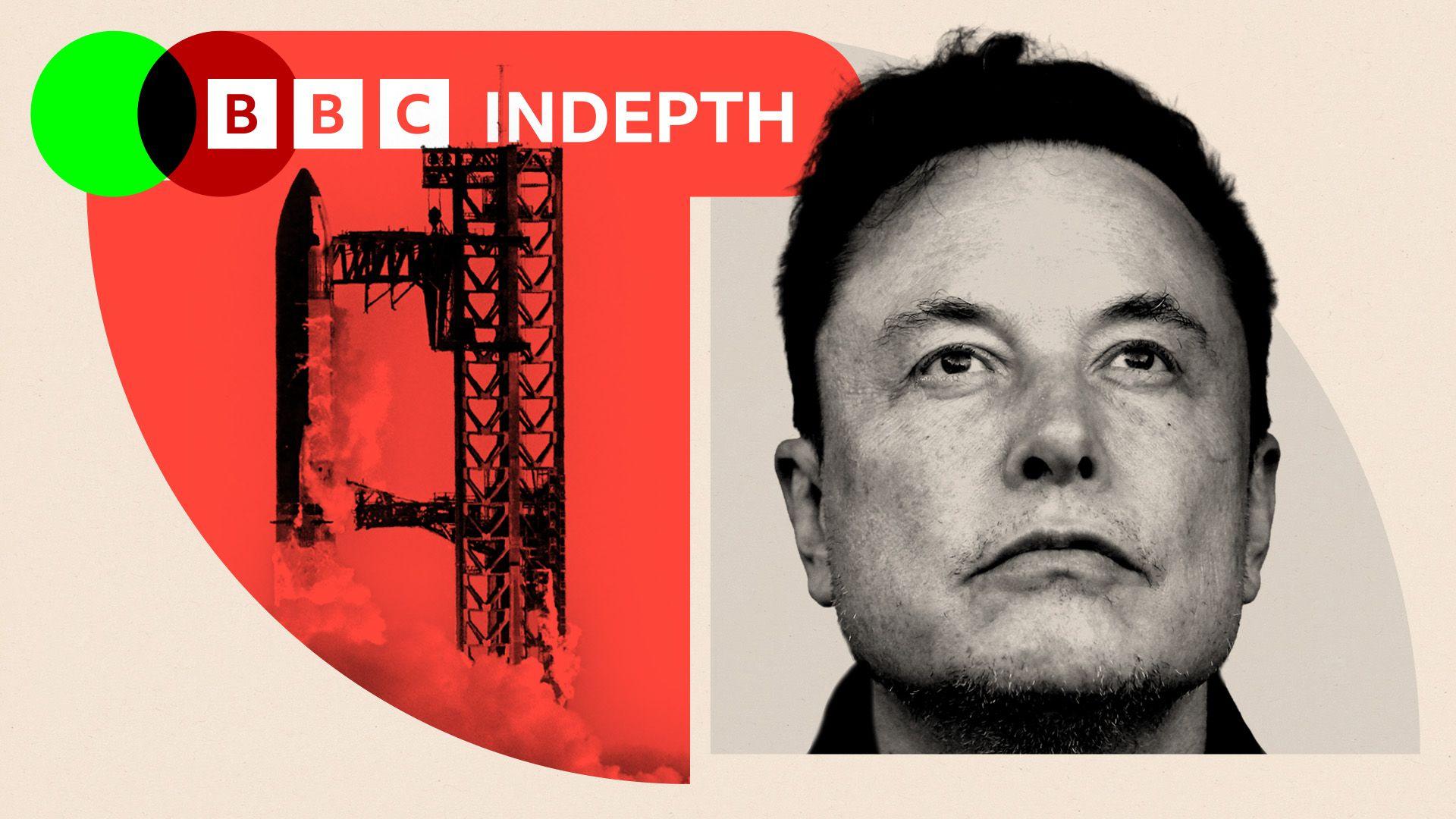 Two treated images of a SpaceX Starship on top of a Super Heavy booster at the launch pad, with a zoomed-in image of Elon Musk on the right.