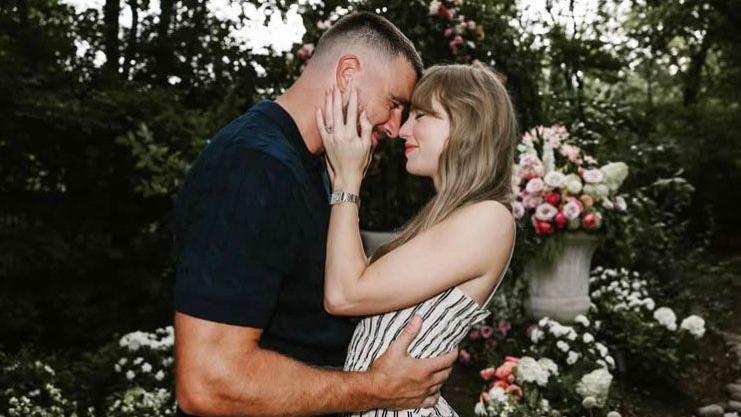 A picture of Travis Kelce and Taylor Swift against a floral background