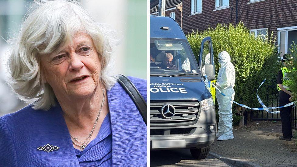 Anne Widdecome ( left) and men in hazmat suits entering suspects house in rotherham ( right)