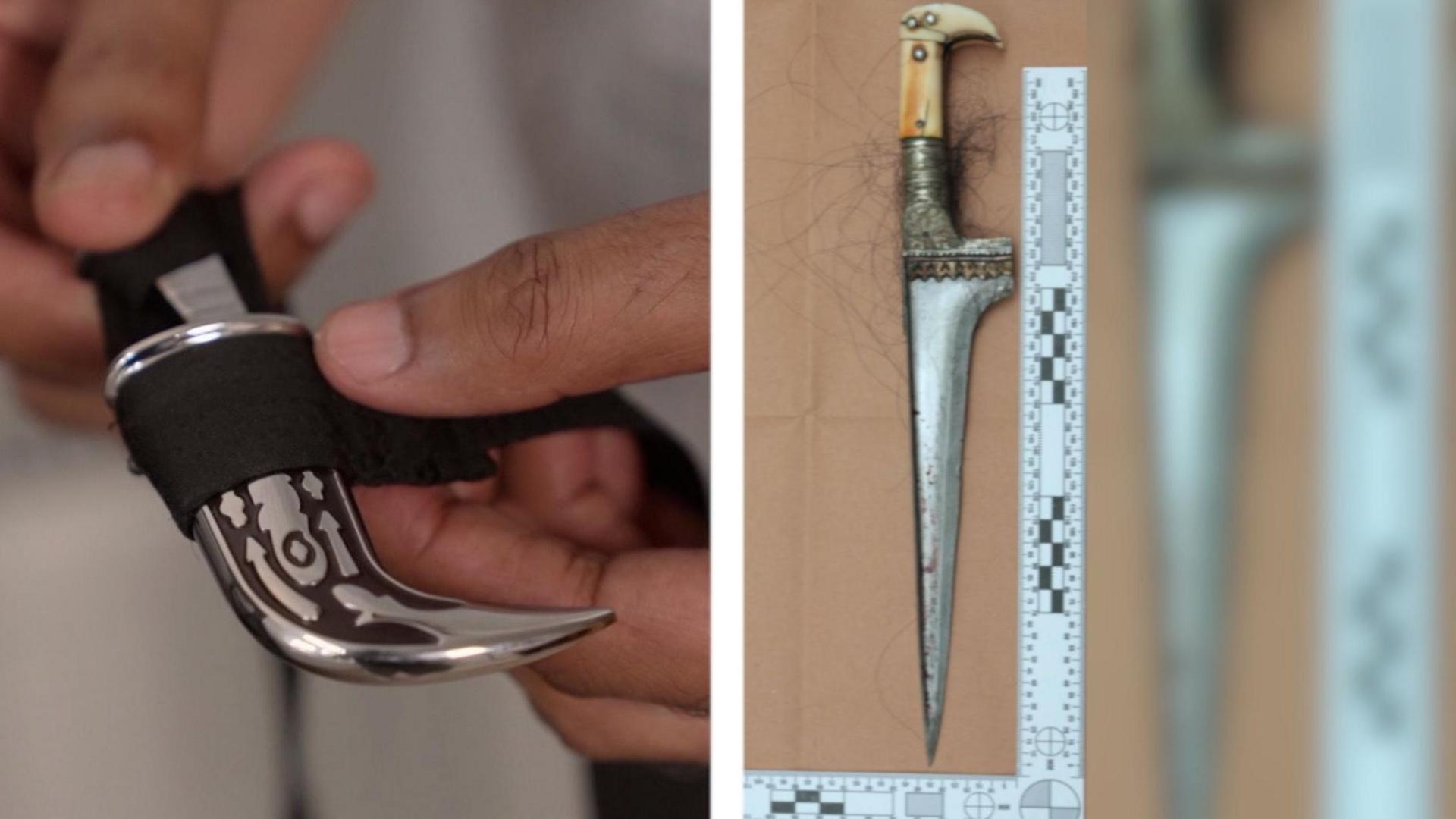 Two close-up photos of small blades - on the left is a curved kirpan held in someone's fingertips and on the right is the a straight blade with a sharp point, next to rulers to show its size.