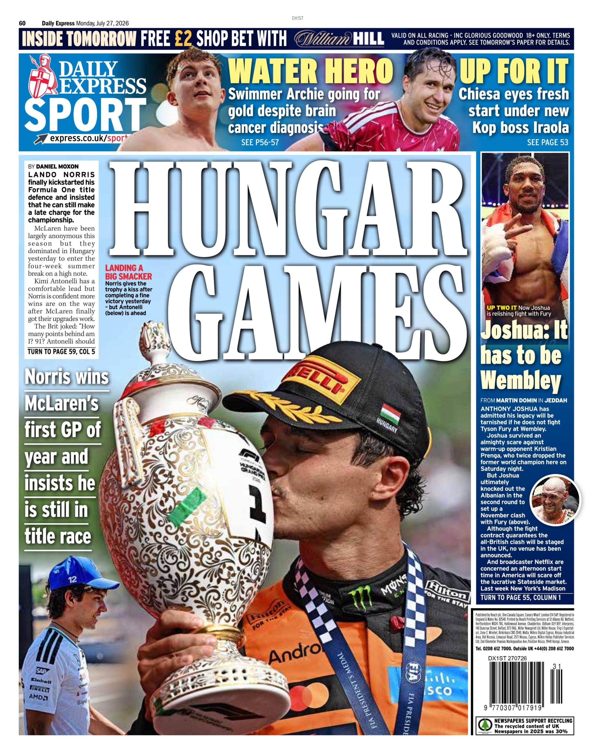 Back page of the Daily Express on 27 July 2026