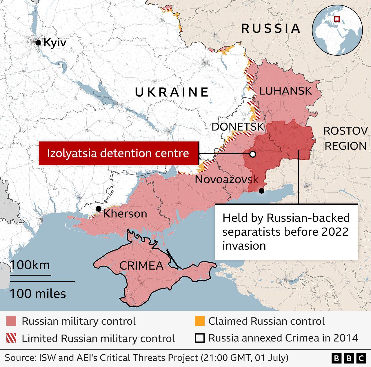 Zoomed in map of south-eastern Ukraine, showing the current front line and the areas held by Russian-backed separatists before the full-scale invasion in 2022. It marks Novoazovsk (on the southern coast close to the border with Russia), Kherson (under Ukrainian control but close to the front line) and Izolyatsia in the Donetsk region, which remains under Russian military control.