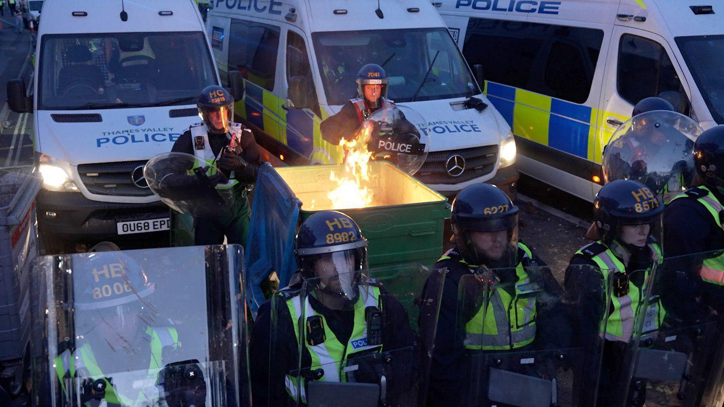 Screen grab taken from PA Video of police and protestors clashing in Southampton during a protest following the death of Henry Nowak. Vickrum Digwa was jailed at Southampton Crown Court for life with a minimum term of 21 years for the murder of 18-year-old student Henry Nowak.