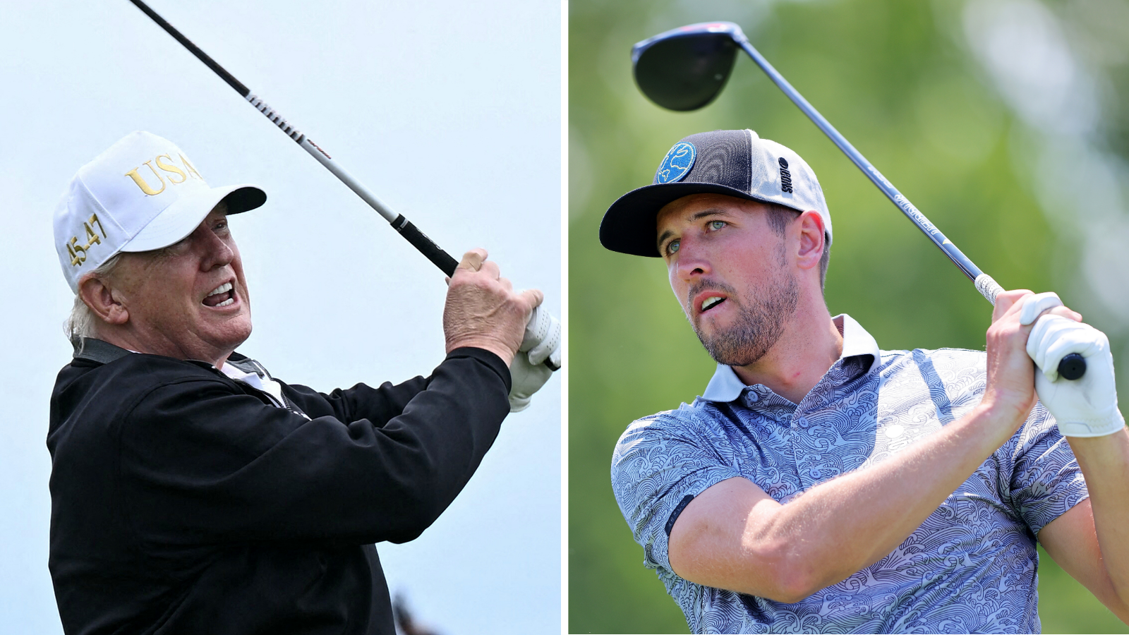 A split picture of US President Donald Trump and England striker Harry Kane playing golf