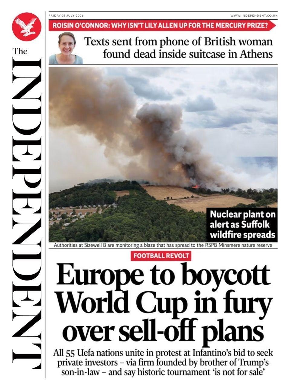 "Europe to boycott World Cup in fury over sell-off plans," reads the headline on the front page of the Independent.
