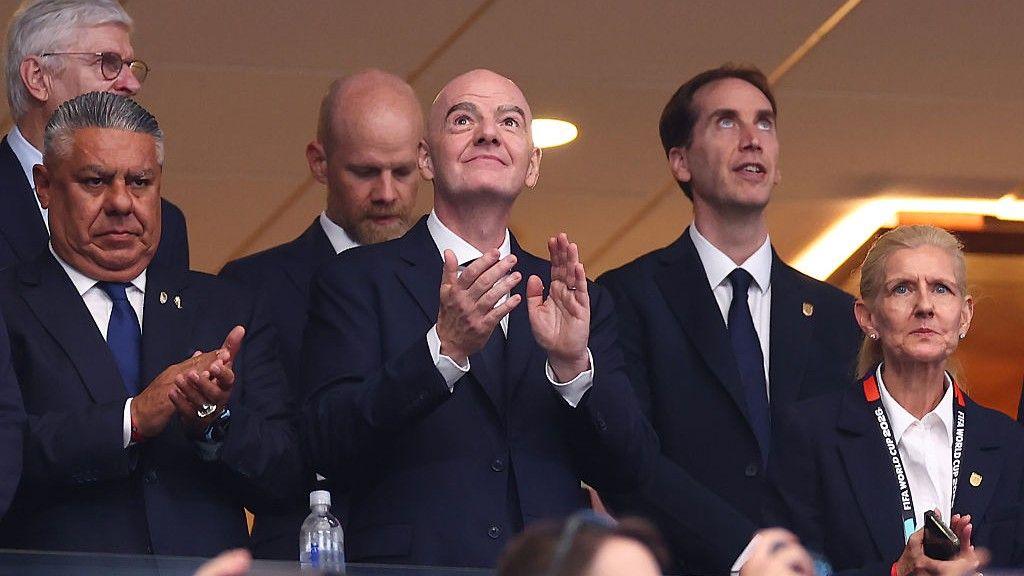 FA chairwoman Debbie Hewitt (right) and chief executive Mark Bullingham (second right) with FIFA president Gianni Infantino (centre) at the World Cup semi-final between England and Argentina