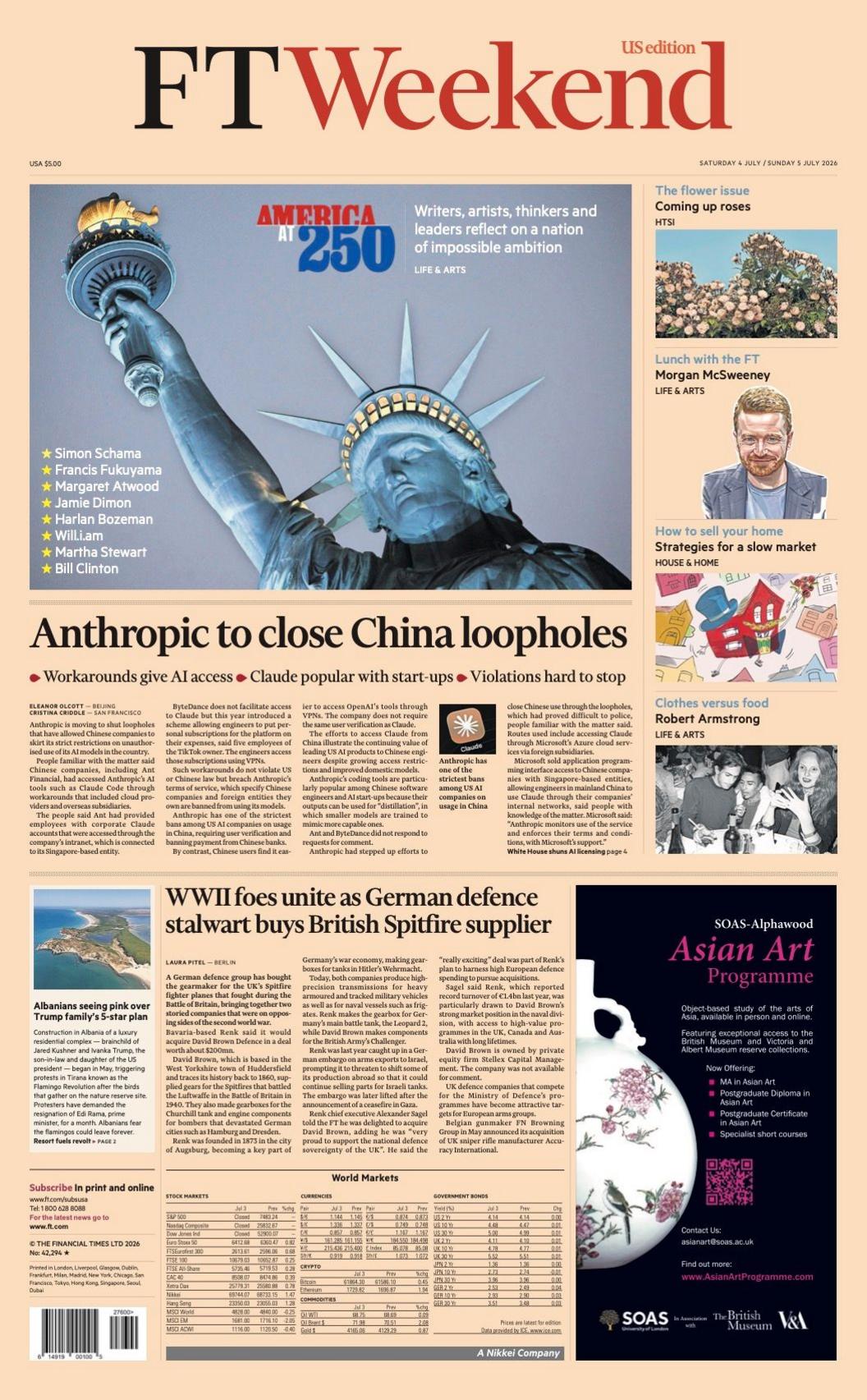 The headline on the front page of the Financial Times reads: “Anthropic to close China loopholes".