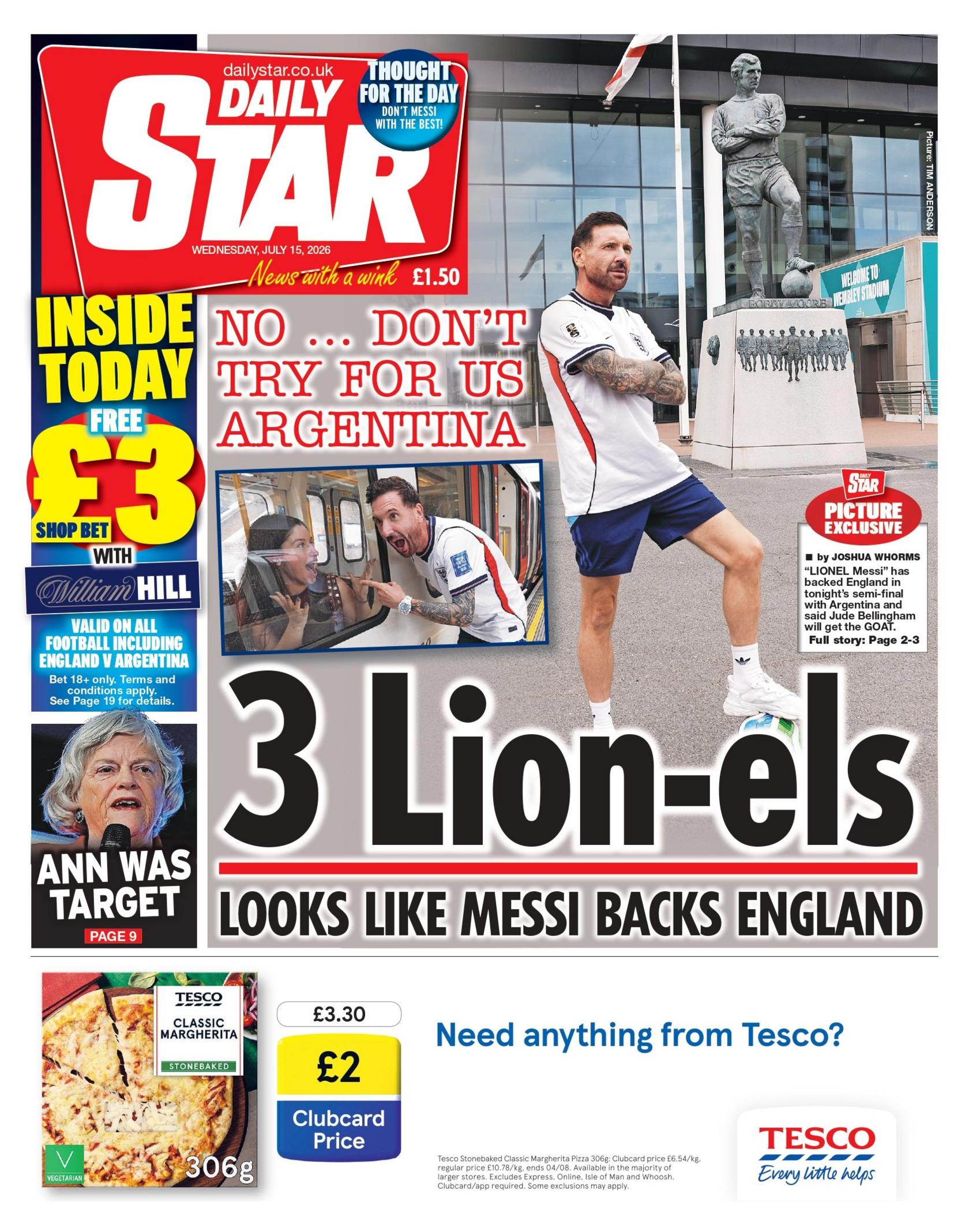 "3 Lion-els", reads the headline on the front page of the Daily Star.